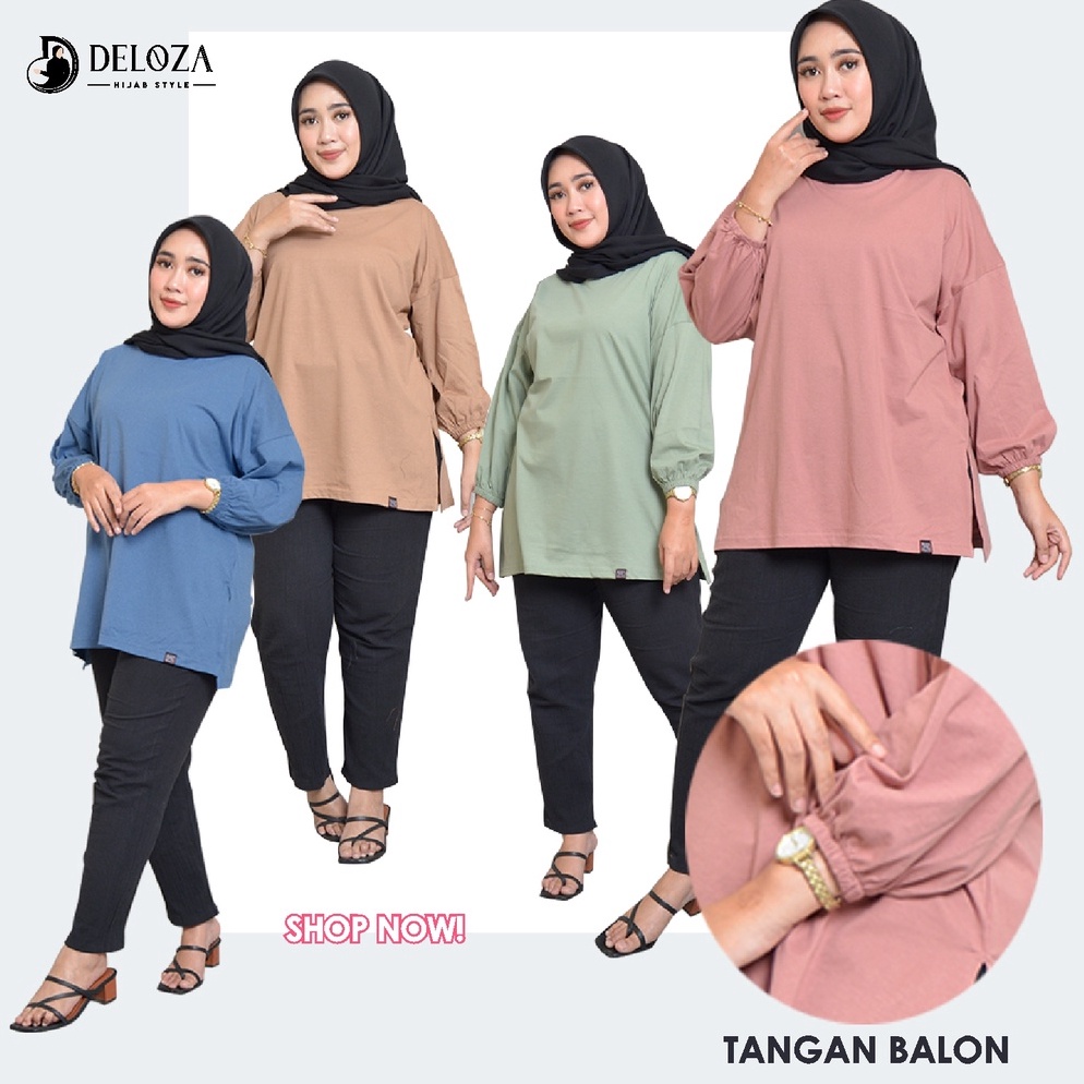 Top Deloza Oversized Tangan Balon Kaos Polos Wanita Jumbo ✥Kirim Sekarang
