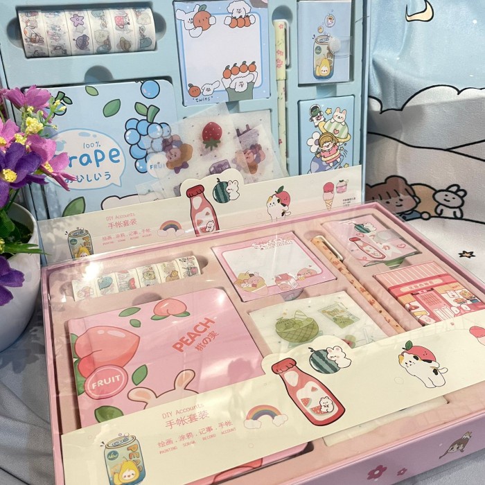 

PAKET JURNAL PEACH 7IN1 SET ALAT TULIS ISI PEN NOTE BOOK MEMO LUCU