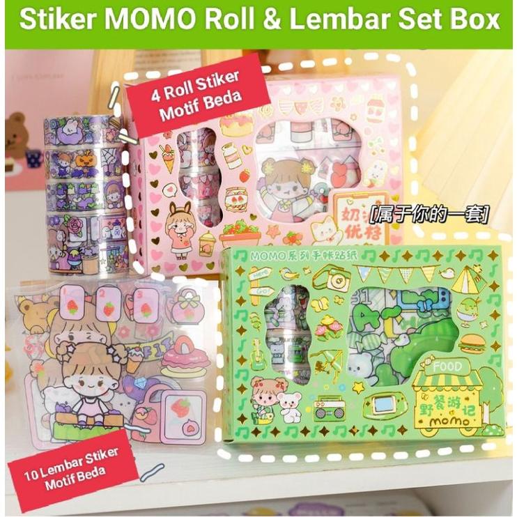 

Terlaris Sticker Box 10 Lembar + 4 Roll Selotip Deco Washi Tape Stiker Set Momo Transparan Waterproof