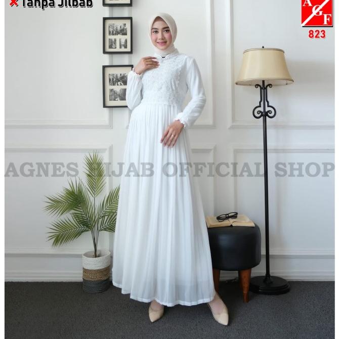AGNES Baju Gamis Putih Wanita Brukat Busana Muslim Lebaran Pesta 823
