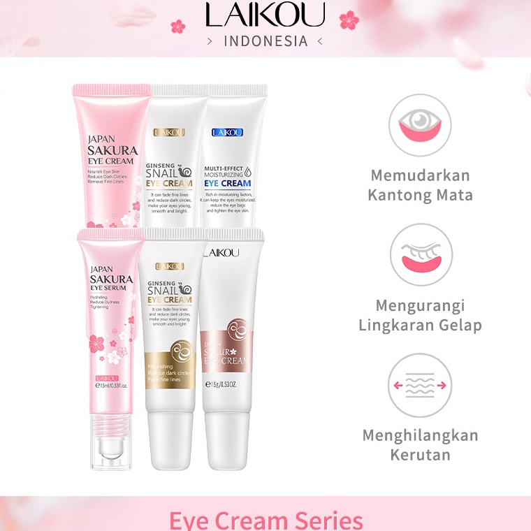 (♫/♫P15D> LAIKOU Snail Eye Cream Sakura Eye Serum Meringankan Kantong Mata Lingkaran Hitam Memudarka