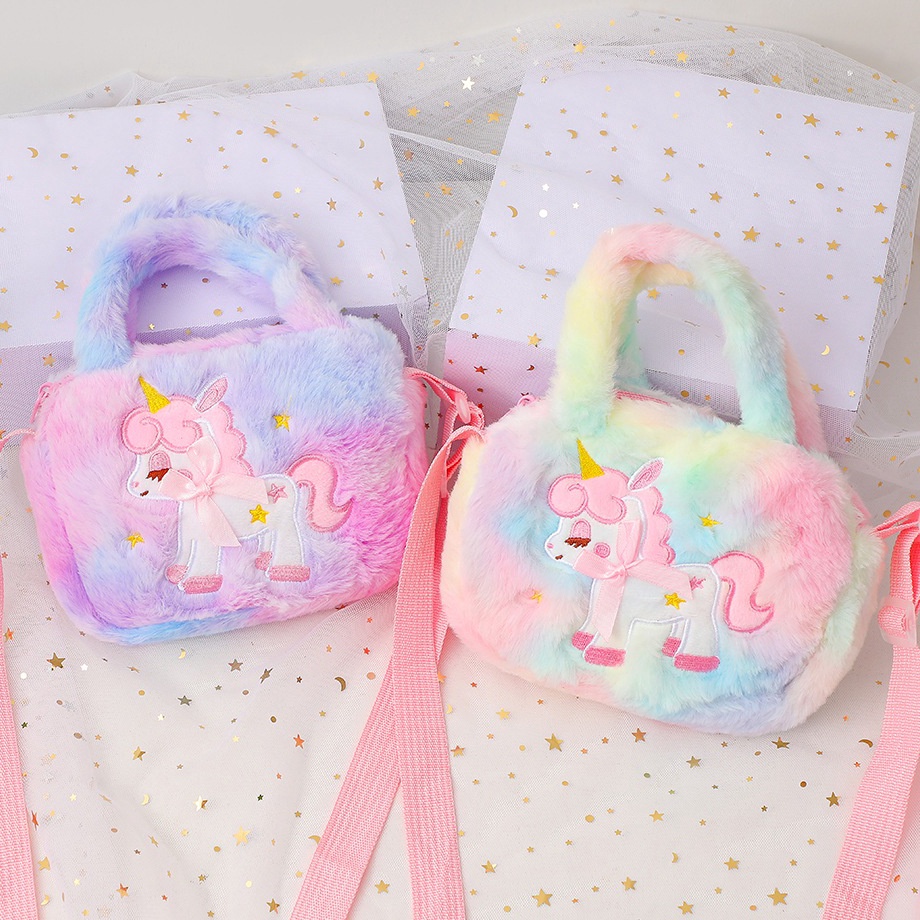❊Produk Tas Selempang Anak Perempuan Unicorn Tas Fashion anak Sling Bag Bulu Persegi Unicorn Tas Bah