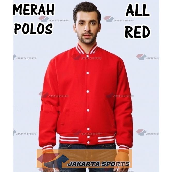 JAKET VARSITY MERAH POLOS BASEBALL PRIA WANITA MURAH BOMBER JACKET