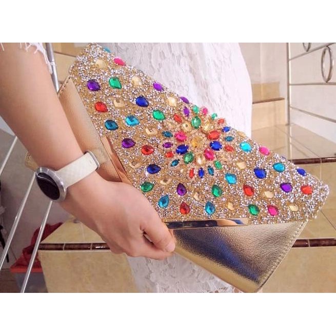 Tas Pesta Clutch Import Kristal Swalovski Kristal Emas Gold 7051064