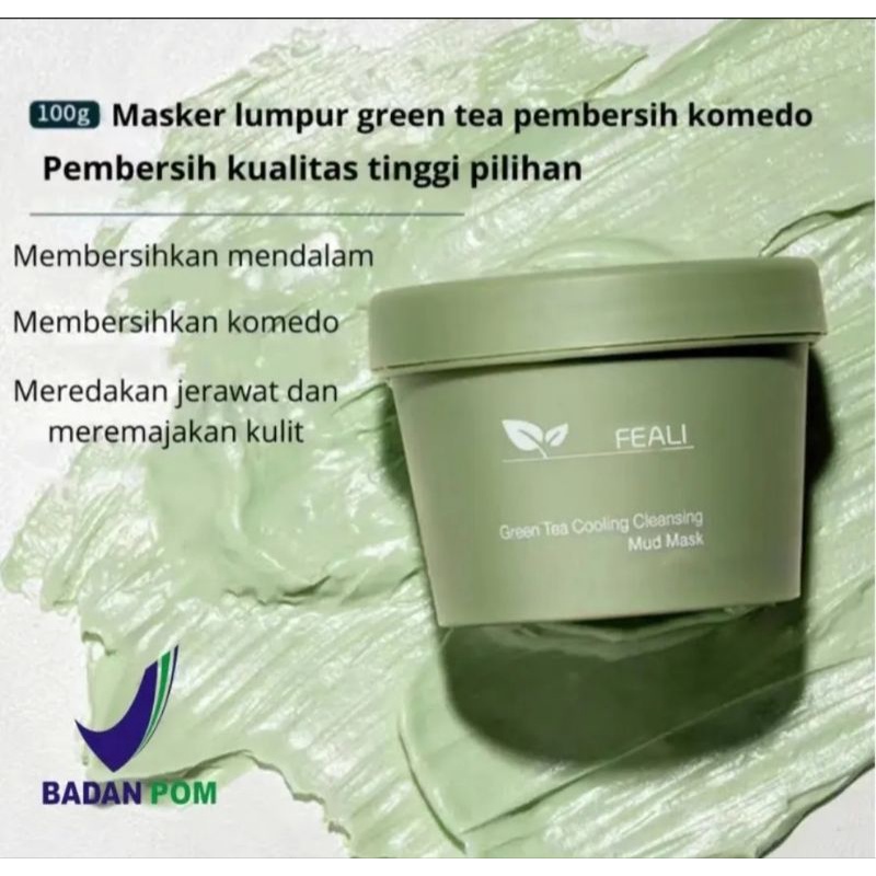 Feali, Mud Mask, Green tea cooling cleaning mud mask , Masker Pembersih Komedo , Masker  Peremajaan 
