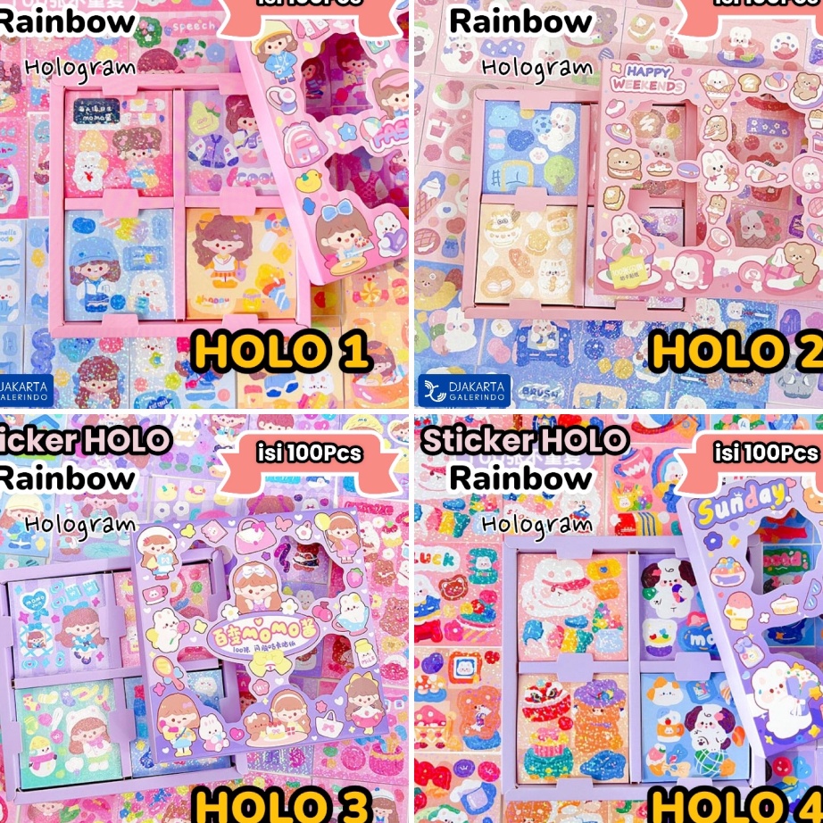 

(Q6❣/P➤) Sticker MOMO Hologram Glitter Rainbow Mix Warna Original waterproof Stiker Kartun Korea Anti Air Original isi 100pcs- baanyak diminati!