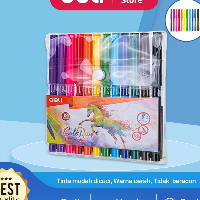 

(K-M✮☀8> Deli Spidol Warna - Felt Pen dapat dicuci 1.0mm 12 Warna EC10003- muraah.!!