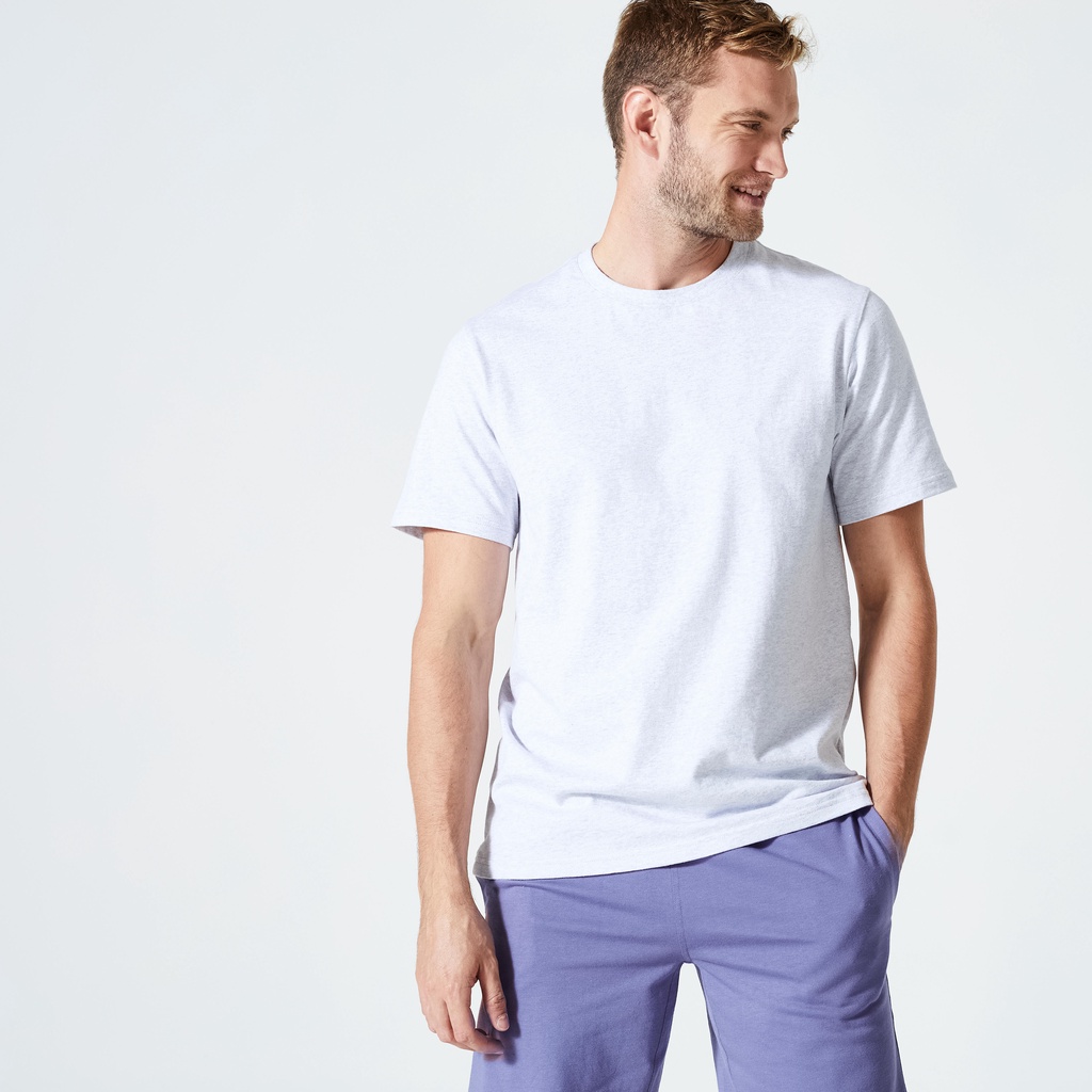 Decathlon DOMYOS Kaus Fitness Essentials Slim-Fit Pria 500 Abu-Abu Terang - 8773496