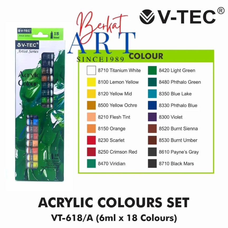 

[T0E87] V-TEC ACRYLIC COLOURS 18 WARNA / CAT AKRILIK V-TEC SET 6ML Best Seller ～