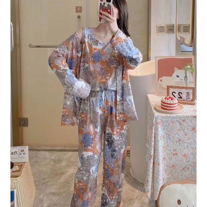 BestSeller JC- Set Kimono 3in1 PP Import / Baju tidur Kimono Set Kekinian / Set Kimono wanita terbar