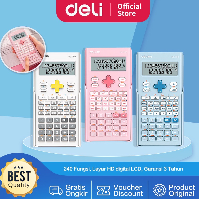 

4.4 SALE Deli Calculator Scientific Kalkulator 240 Fungsi Kalkulasi 3 Warna 1700
