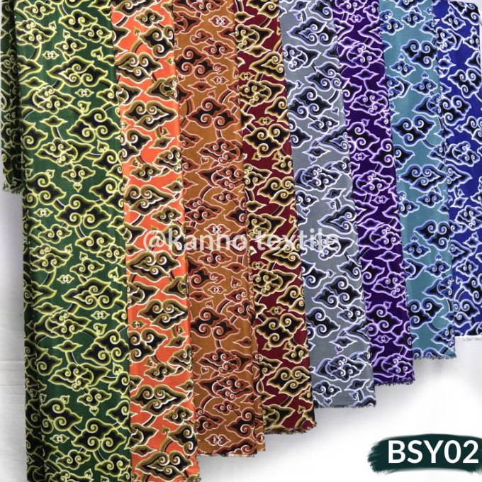 [V-➛L㊚Y> Kain Batik Halus Bahan Sanwos BSY02 Motif Mega Mendung Warna Oren/Merah/Hijau/Ungu/Biru/Abu