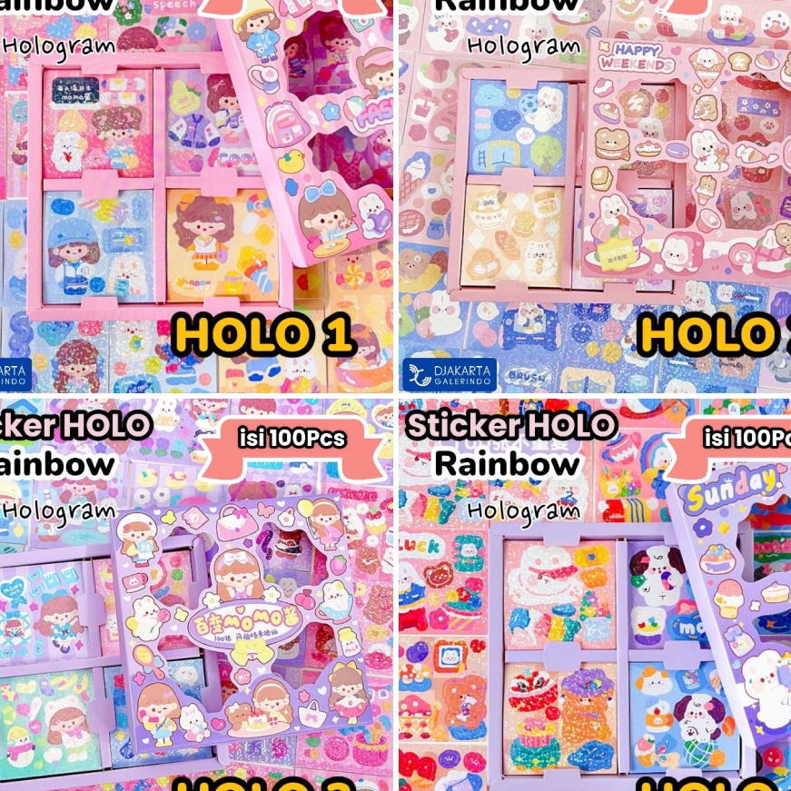 

[J✓6/Z◆) Sticker MOMO Hologram Glitter Rainbow Mix Warna Original waterproof Stiker Kartun Korea Anti Air Original isi 100pcs -banyak diiminati.!!