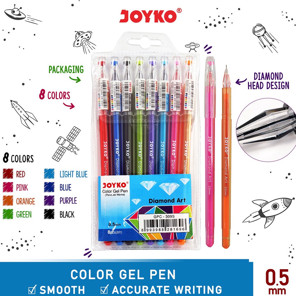 

Produk Color Gel Pen Pulpen Pena Joyko GPC-309S 8 Warna 0.5 mm Paling Popular