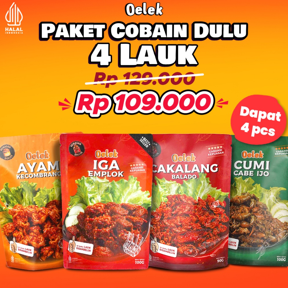 

GYSM2343 Oelek Paket Cobain Dulu 4 Laoek / Iga Emplok / Cakalang Balado / Cumi Cabe Ijo / Ayam Kecombrang / Lauk Siap Saji