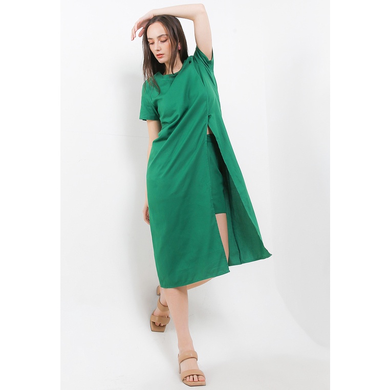 Dress Hush Puppies Original Wanita Dres Set & pendek bernuansa monokrom dengan detail front slit unt