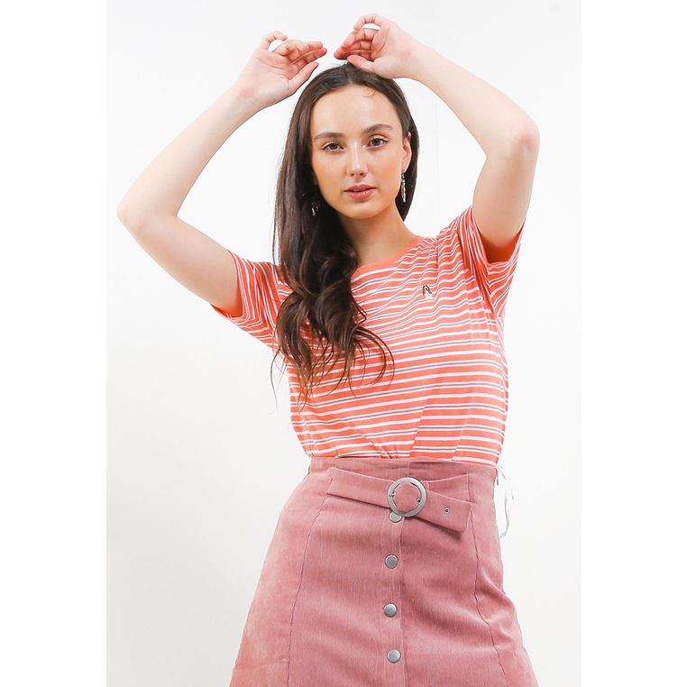 Kaos Hush Puppies Original Wanita Pakaian kasual detail striped untuk tampilan urban versatile Ulang