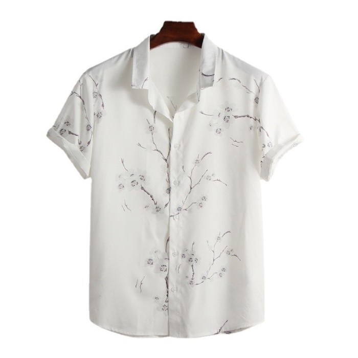 Hards Kemeja Pantai Print Pria Casual Lengan Pendek Motif Putih