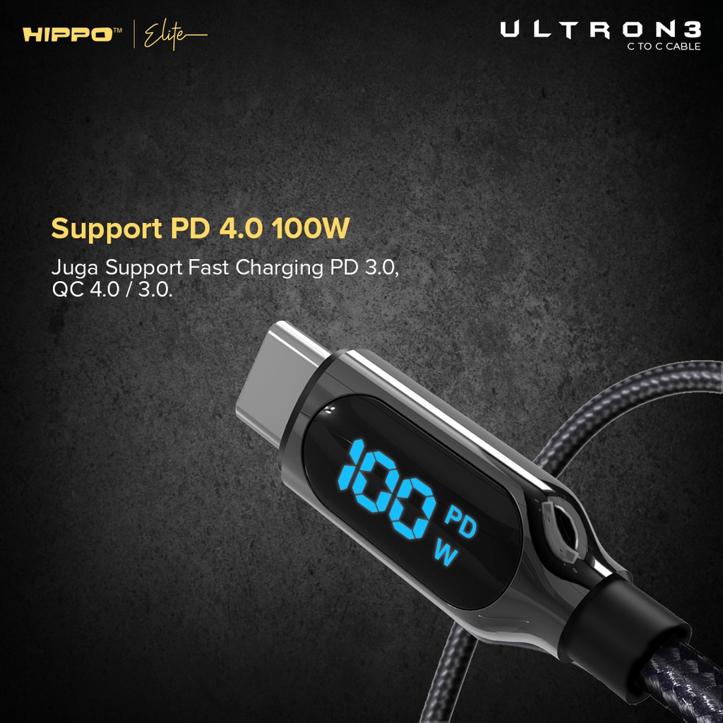 Hippo Kabel Data Super Fast Charging Ultron 3 Type C to Type C 5A 100 W 120 CM Quick Charge 3.0 Quick Charging Data Cable Android Braided Casan Handphone LED Indicator-8