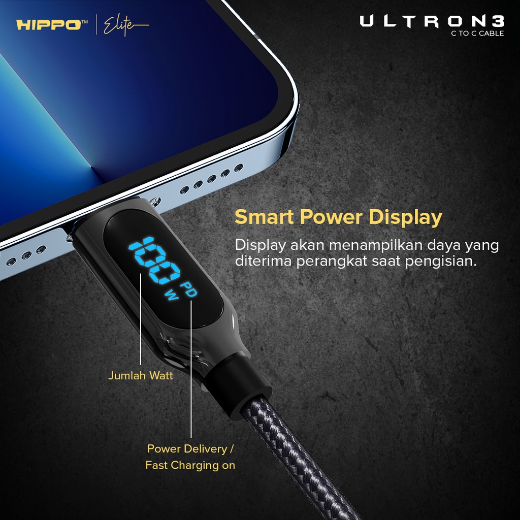 Hippo Kabel Data Super Fast Charging Ultron 3 Type C to Type C 5A 100 W 120 CM Quick Charge 3.0 Quick Charging Data Cable Android Braided Casan Handphone LED Indicator-2