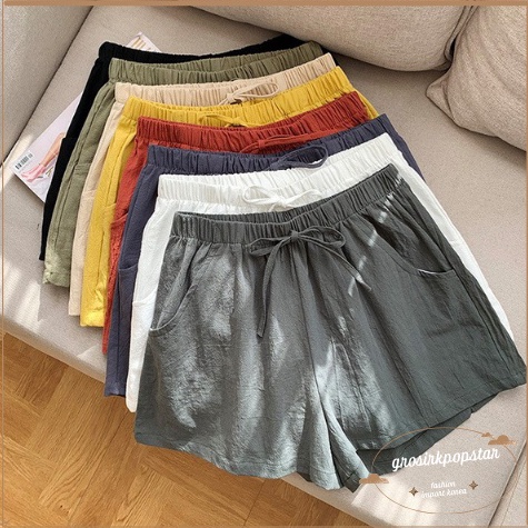 BOOMING GKS - Celana Pendek Oversize Korea Bahan Linen