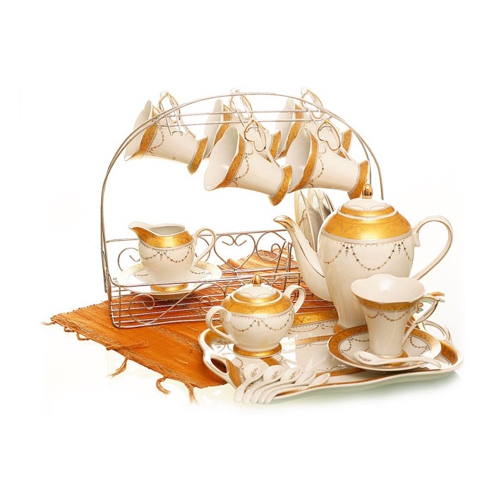 Set 6 Cangkir Teko Creamer 6 Lepek Dan Nampan Merek Vicenza C59 Padi