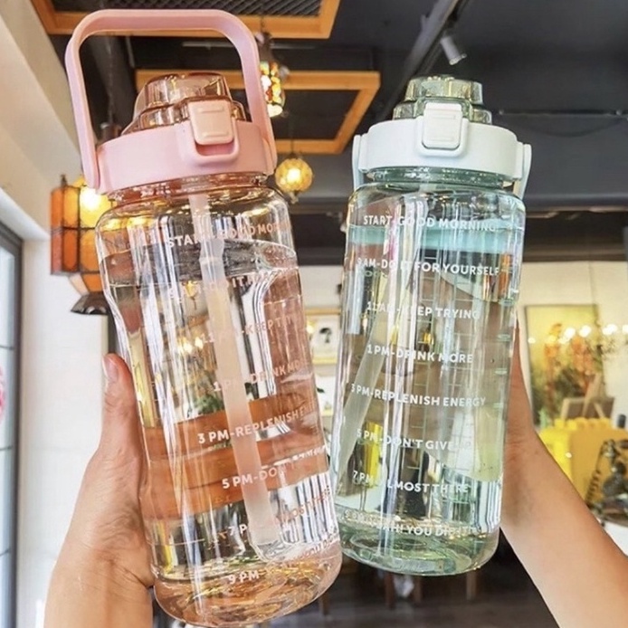 [PSV/ご] Botol Minum Viral Jumbo 2 LITER Motivasi Sticker 2D 3D Penanda waktu Tritan Quifit Handle BE
