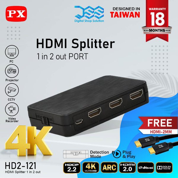 DISKON HDMI Splitter 1 input 2 Output Video HD 4K HDR 2.1 PX HD2-121