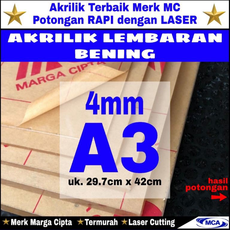 1.1 Flash Sale AKRILIK lembaran 4mm uk. A3 / Akrilik bening / Marga cipta / Acrylic