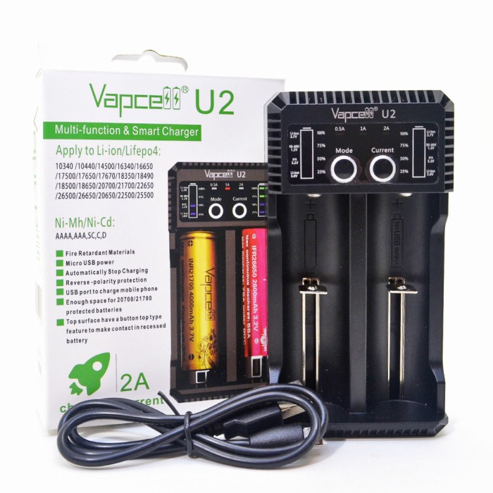 VAPCELL U2 SMART CHARGER BATTERY BATERAI 18650 21700 26650 2A USB OUT