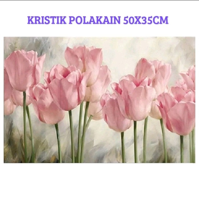 FLASH SALE PAKET KRISTIK BUNGA PINK TULIP POLA KAIN CROSS STITCH TERLARIS