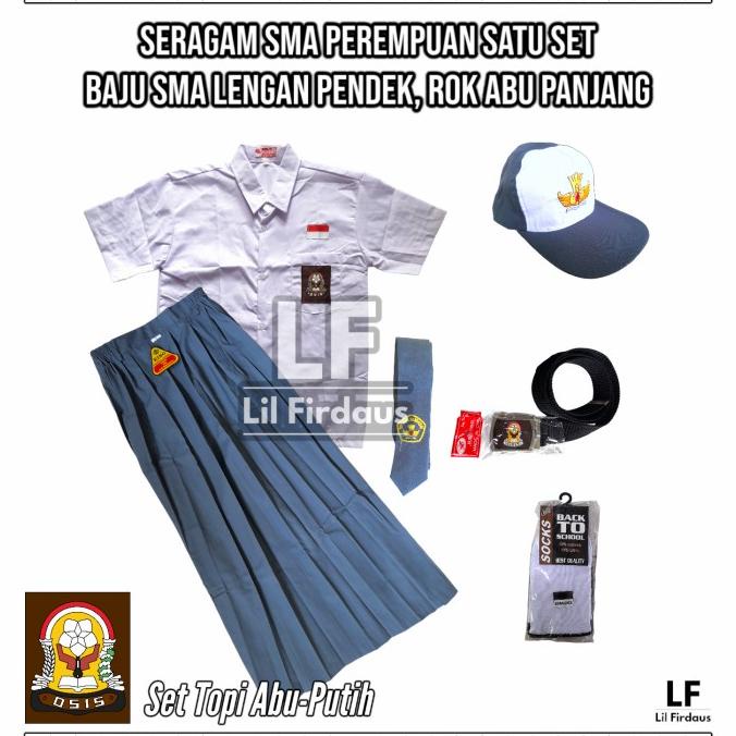 Set Seragam SMA Perempuan - Baju SMA Lengan Pendek, Rok Abu Panjang