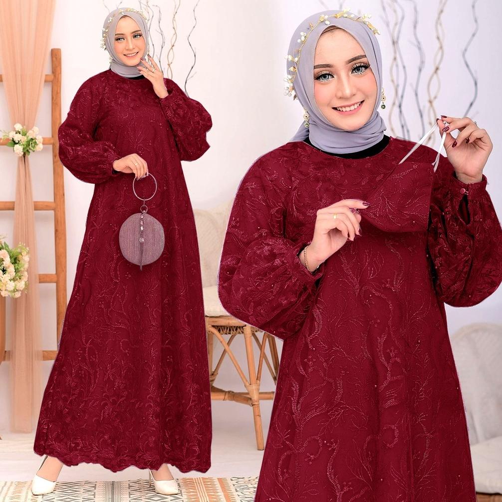 (New Free Masker Brukat) Arumi Full Brukat Tile Mutiara / Size S-M, L , XL, XXL / Gamis Pesta / Gami