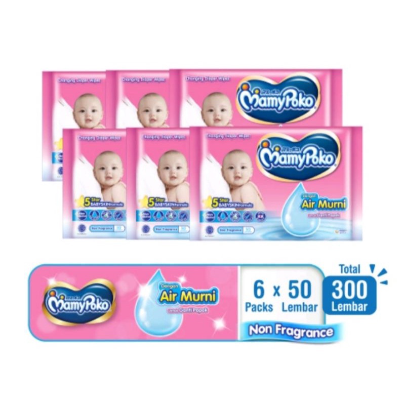 Mamypoko Wipes Tisu Basah Air Murni 50S X 6 Pa Non Aroma Baby Powder Hand And Mouth