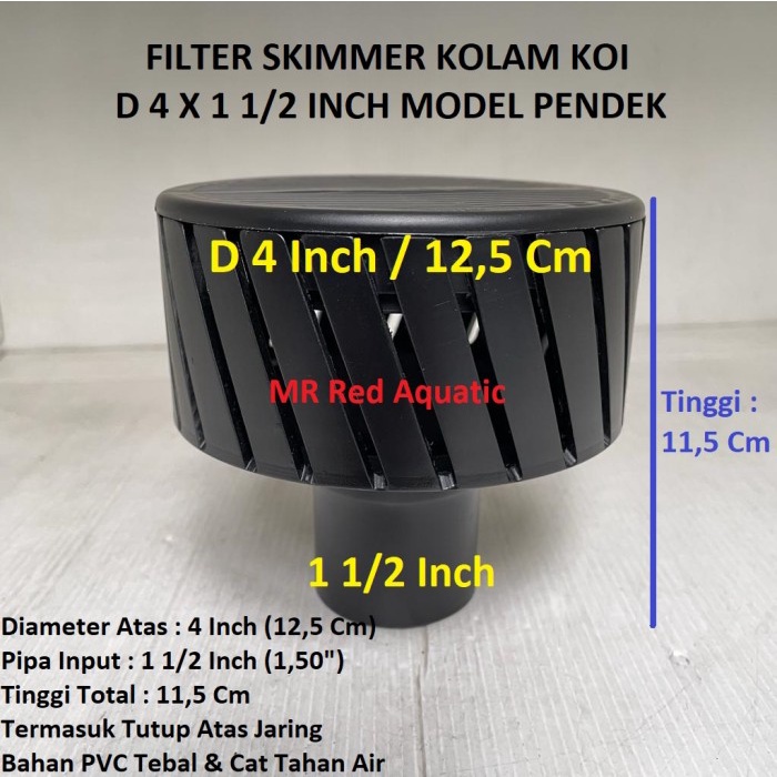 Skimmer Kolam Koi D 4 X 1 1/2 Inch Pendek Set Tutup Skimer Filter 1,5" Berkualitas