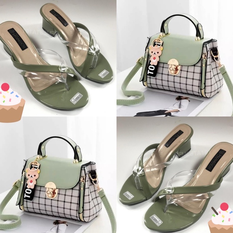 STOK TERBATAS Promo  Satu Set Tas Square Fashion Wanita & Sandal Hak Tinggi 5cm