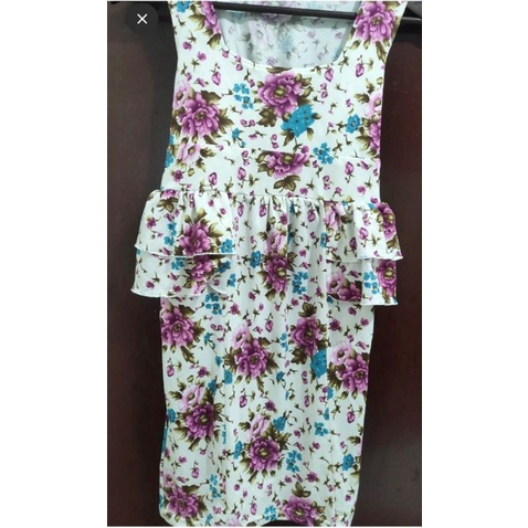 Dress bunga Square neck peplum lilac ungu adem