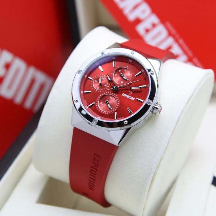 ✅New Jam Tangan Wanita Expedition E 6818 E6818 Silver Red Original Bisa Gojek