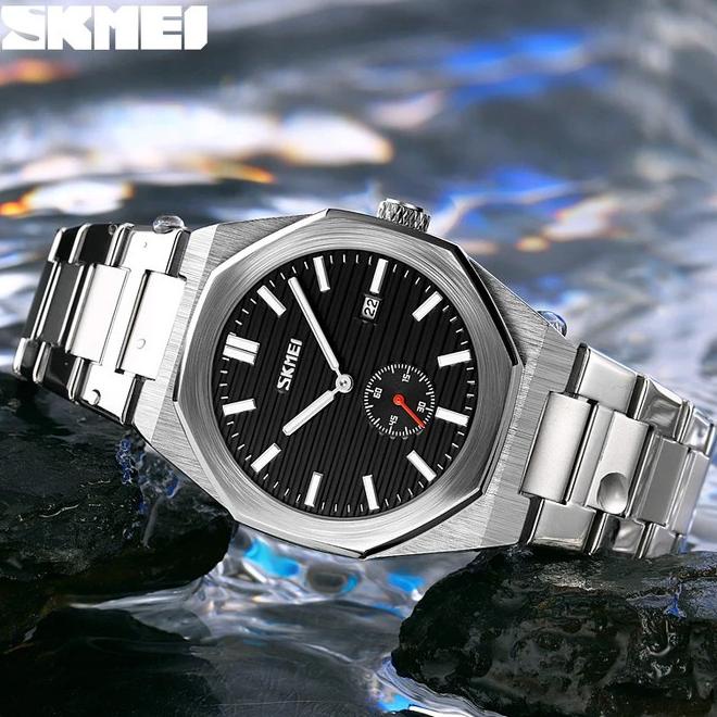 Jam Tangan Pria Skmei 9262 Analog Date Jam Stainless Silver Hitam
