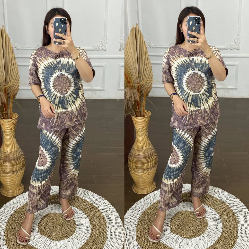Set Wanita Tie Dye One Set Kaos Setelan Celana Kulot Panjang Piyama Baju Tidur Wanita Kekinian