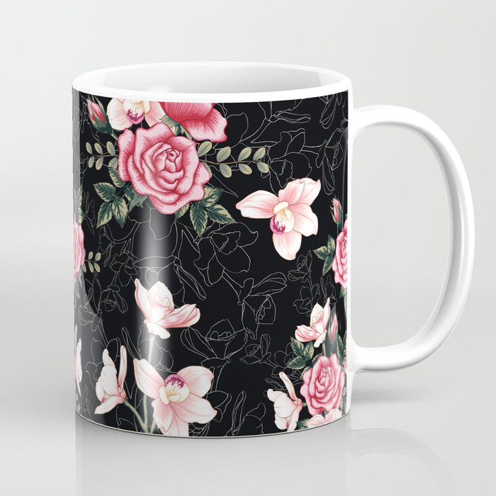 Mug Kopi pola mawar hitam berwarna merah muda