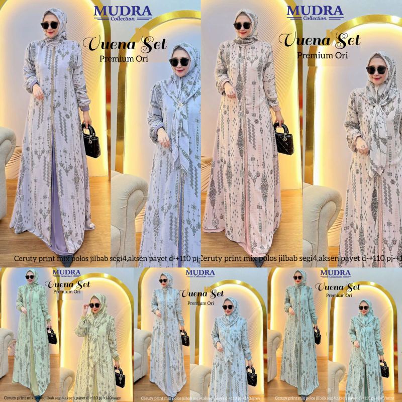 GAMIS MUSLIMAH VUENA SET HIJAB BY MUDRA// Ceruty Print Aksen Payet Jilbab Segi empat// Bisa Cod