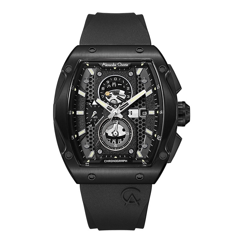 Jam Tangan Pria Alexandre Christie Chronograph AC 6608 MC RIPBA Men Black Dial Black Rubber Strap