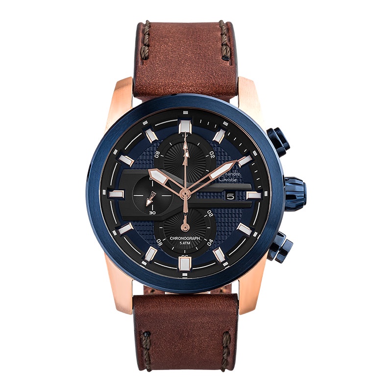Jam Tangan Pria Alexandre Christie AC 6562 MC LURBU Chronograph Men Blue Dial Brown Leather Strap