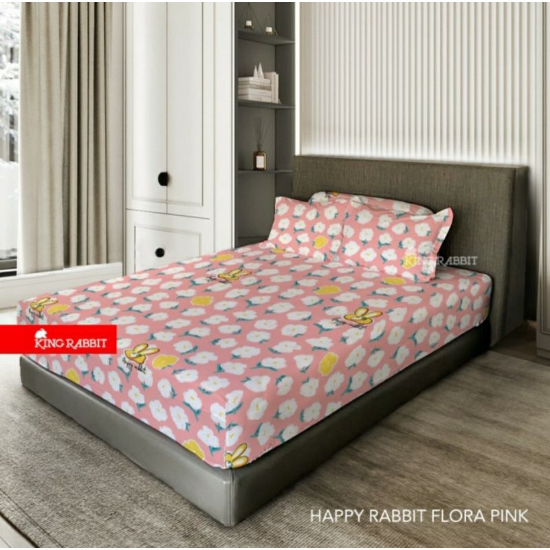 King Rabbit Sprei Single & Sarung Bantal Guling Motif Bamboo Happy Rabbit Flora Pink