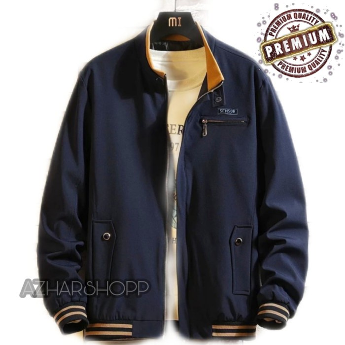 Jaket Bomber Pria Casual Branded Kanvas Hitam Navy Merah Cream Sensor