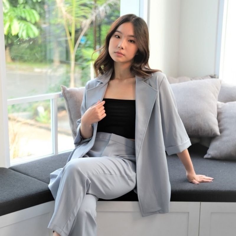 Setelan Blazer Wanita 1 Set  Terbaru 2023 Blazeran Lengan Pendek Outer Kmeja Kondangan Elegan Js Cel