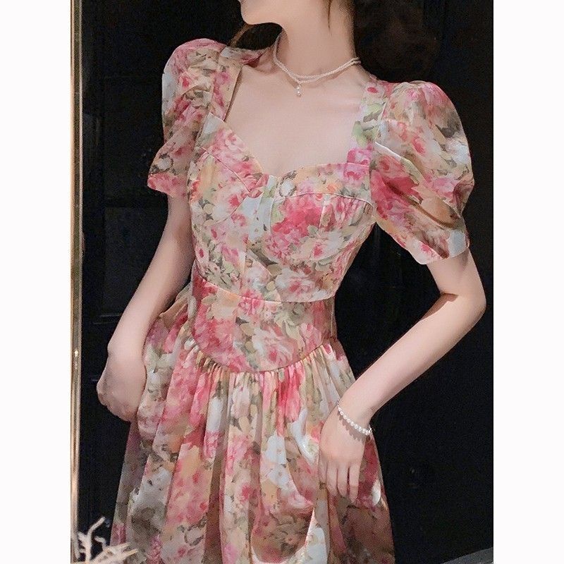 Hepburn Style Mori Style French Style Fresh Pink Floral Puff Sleeve Dress