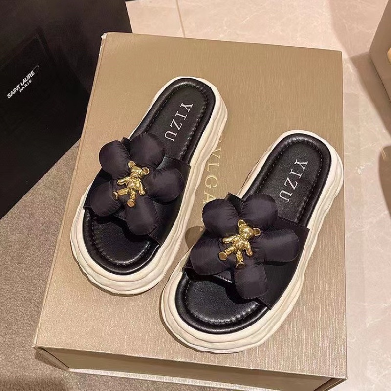 hitam Sandal Wanita Slop Import Model Bunga Tedy Gold beruang wedges sendal pesta Lazy Bear Slip On 