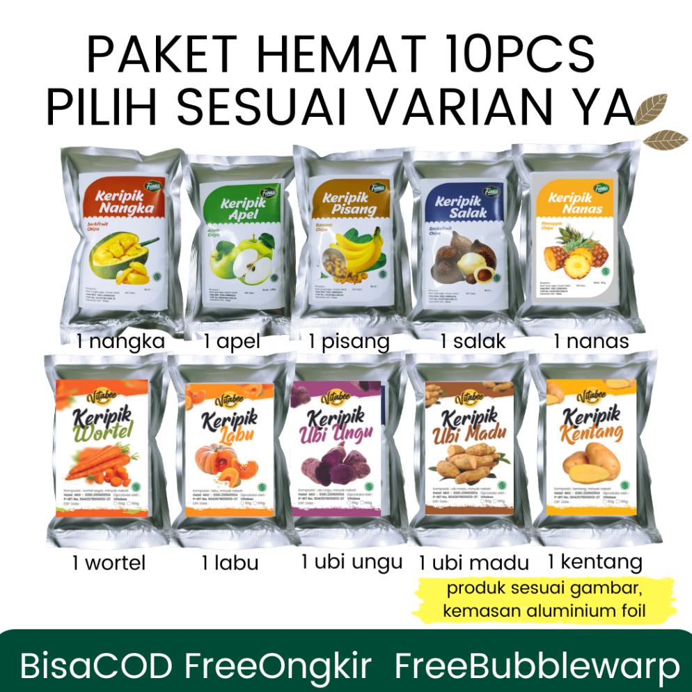

Ready Fiona Paket Hemat 10 pcs Keripik dan Kerupuk Buah Apel Nangka Salak Durian Anggur Strawberry 50gram